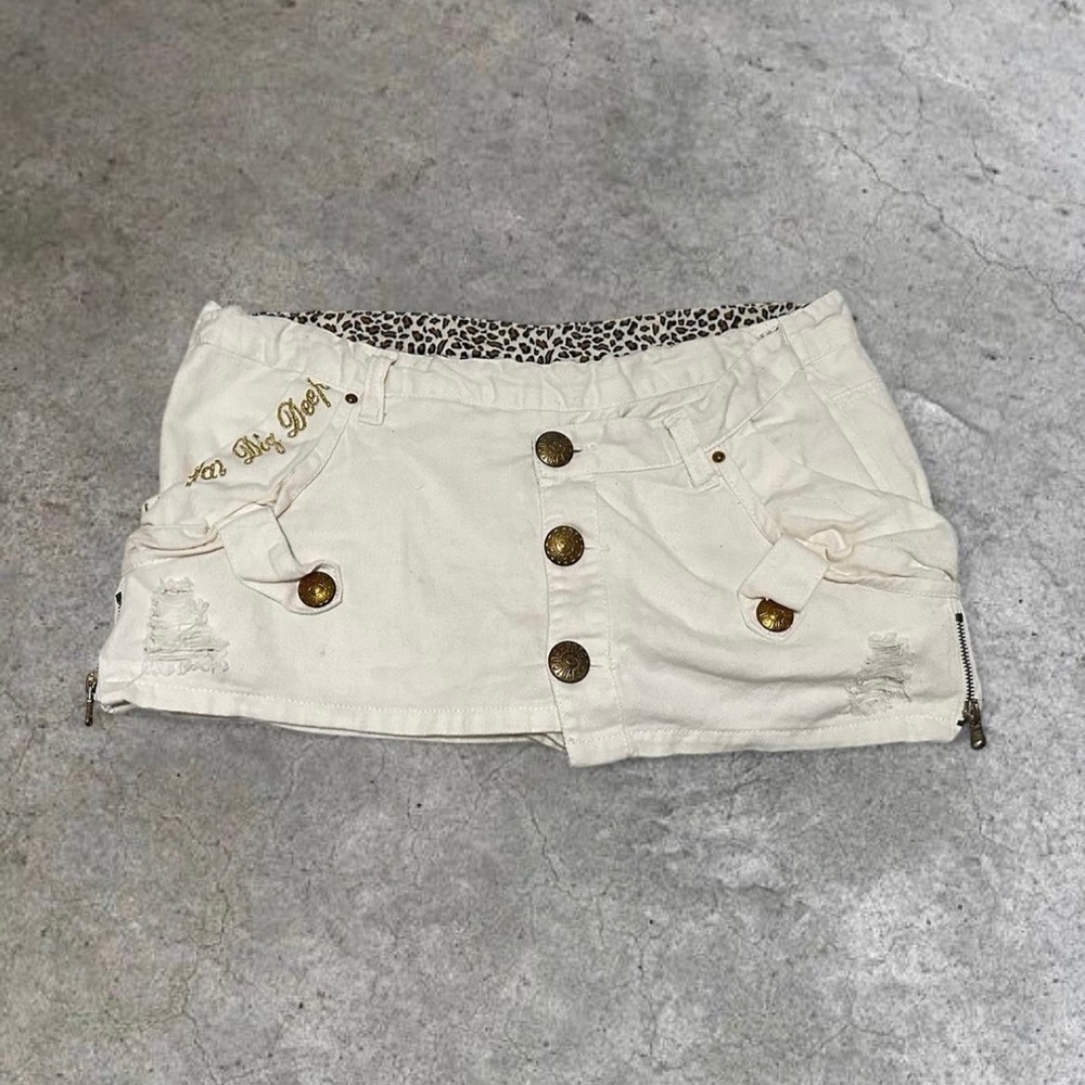 Punk style cream & gold mini cargo with leopard print lining skirt